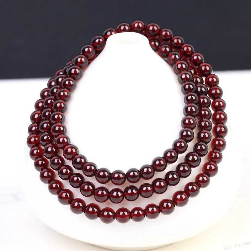 保真高品质酒红色石榴石手串三圈手链女款时尚石玉石手链素圈多层