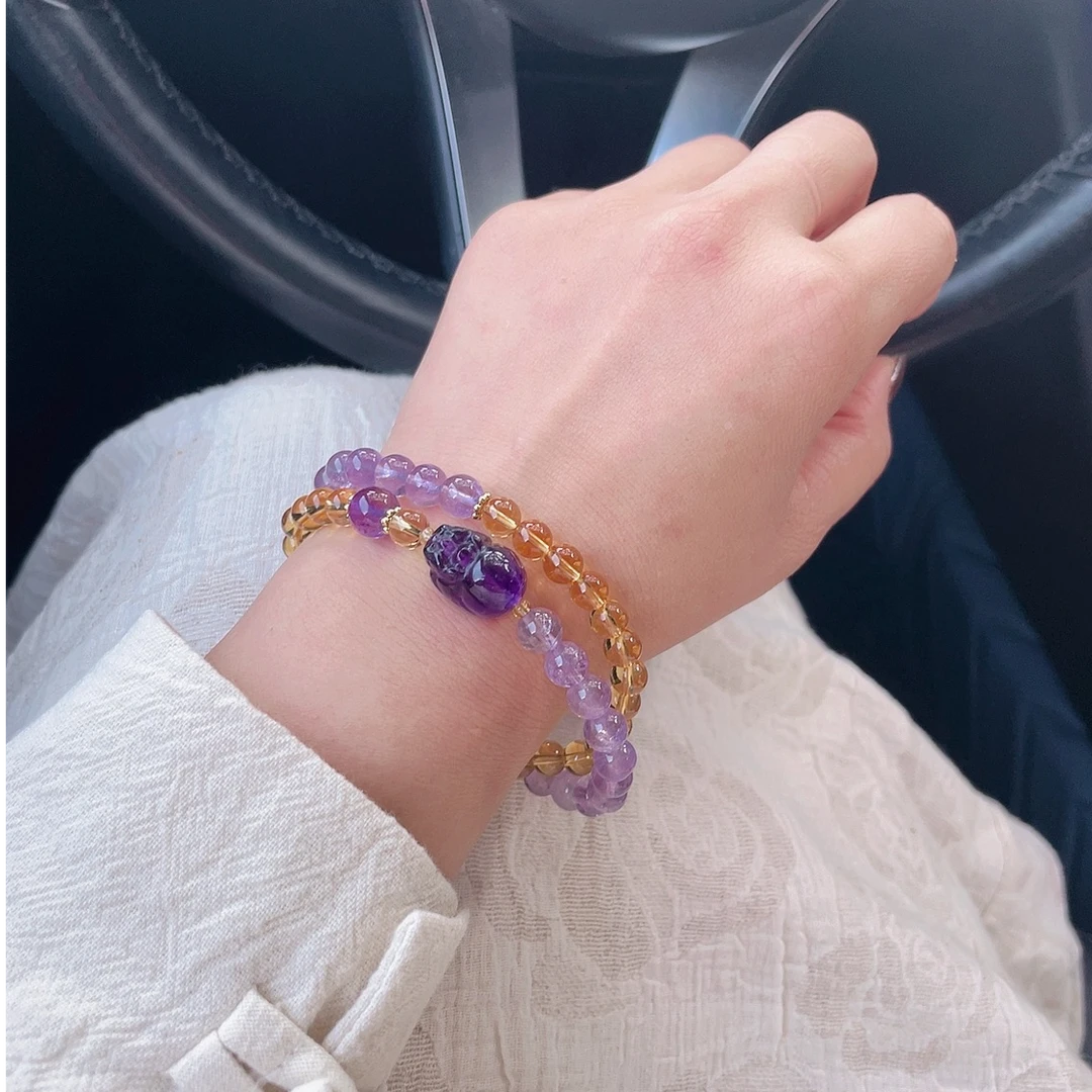 紫黄晶双圈貔貅水晶手链女款时尚轻奢小众水晶多圈手串送朋友情人