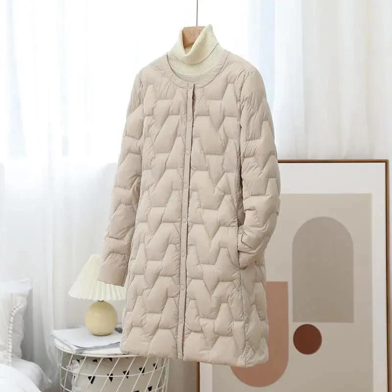 羽绒棉服羽绒衣女中长款2023新款圆领时尚大衣内搭轻便菱形羽绒羽