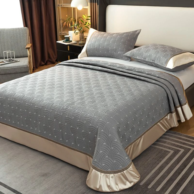 高档纯棉双面全棉床盖三件套绗缝夹棉刺绣榻榻米床单夏凉被四件套