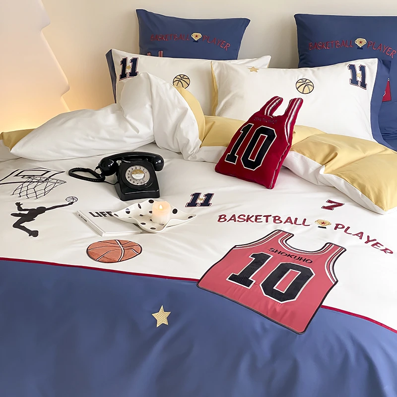 秋冬加厚全棉磨毛四件套纯棉刺绣大男生床上用品运动风三件套男孩