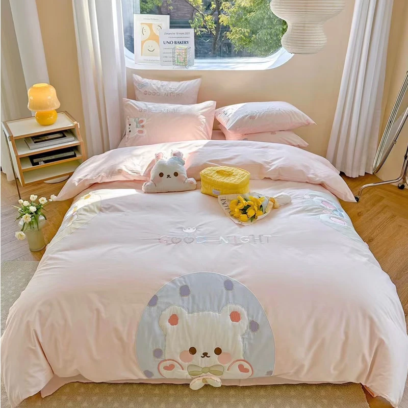 可爱兔小熊粉色全棉水洗棉四件套软糯纯棉女孩三件套卡通被套1.5m