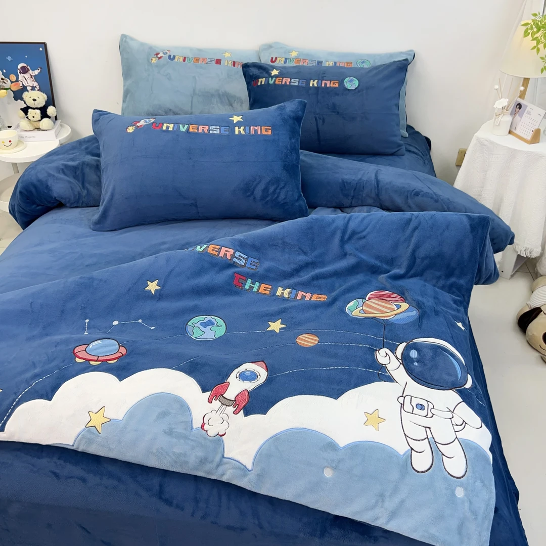 宇航员 男孩蓝色床上用品牛奶绒套件1.2米1.5m冬季双面短毛绒被罩