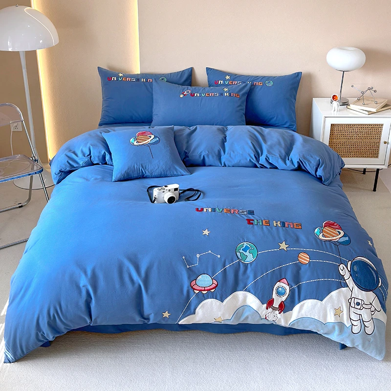 男童可爱卡通全棉磨毛被罩套纯棉秋冬加厚深蓝色宇航员太空人床品