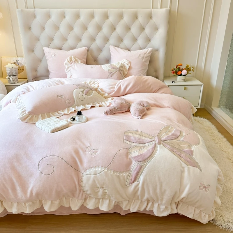冬季加厚床上用品四件套粉色少女心蝴蝶结刺绣被套床单四件套女生