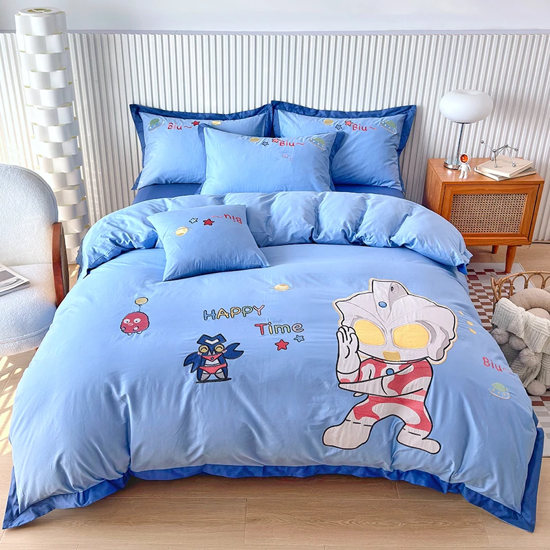 男孩子全棉纯棉卡通床品绣花四件套四季款儿童小男生床上用品蓝色