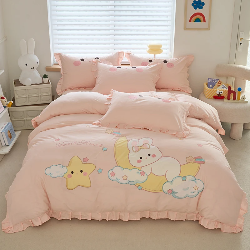 春秋款床上用品四件套全棉纯棉可爱卡通粉色小兔子刺绣四件套女童