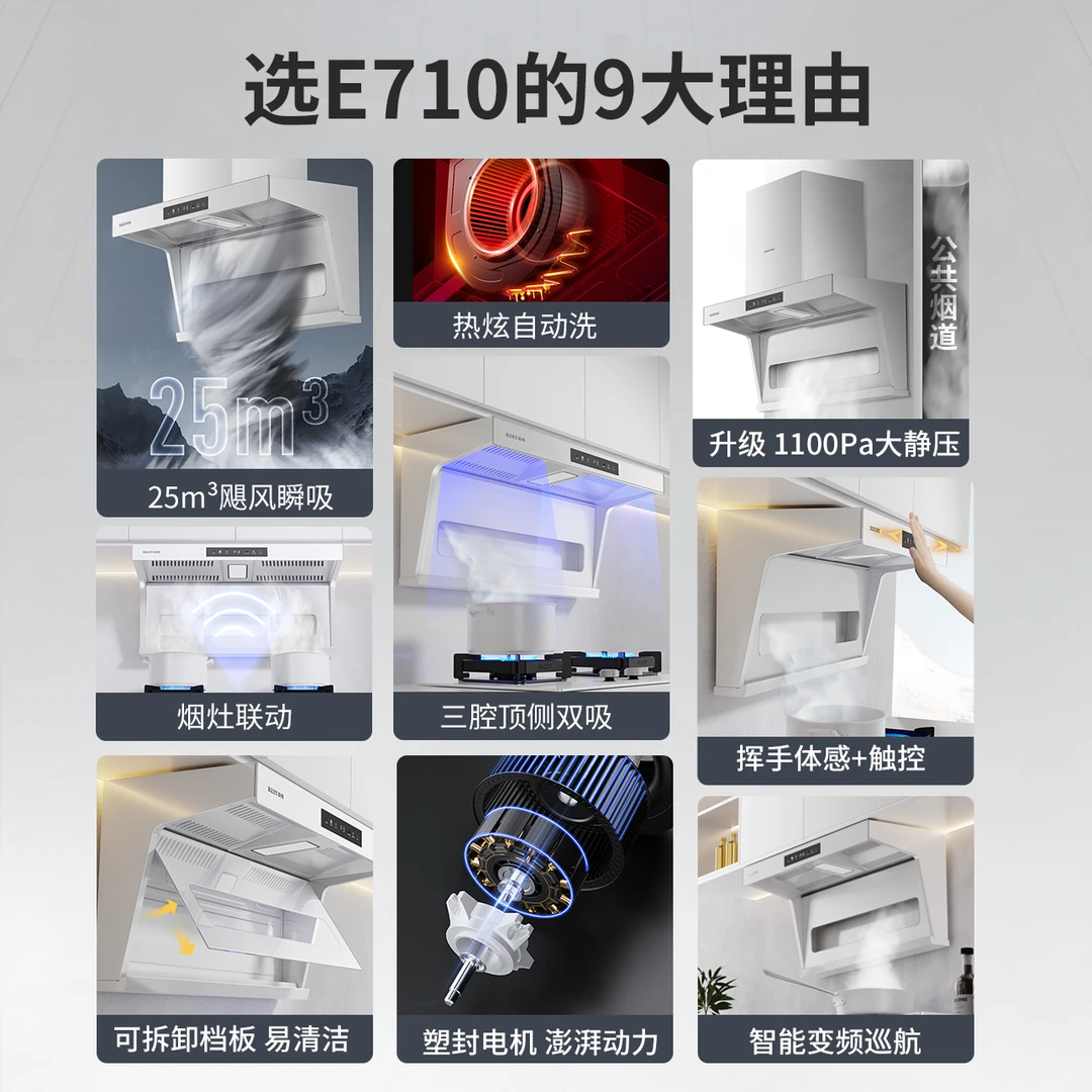 【白色三件套】华帝百得E710极光白变频顶侧三吸25m³吸油烟机大吸力