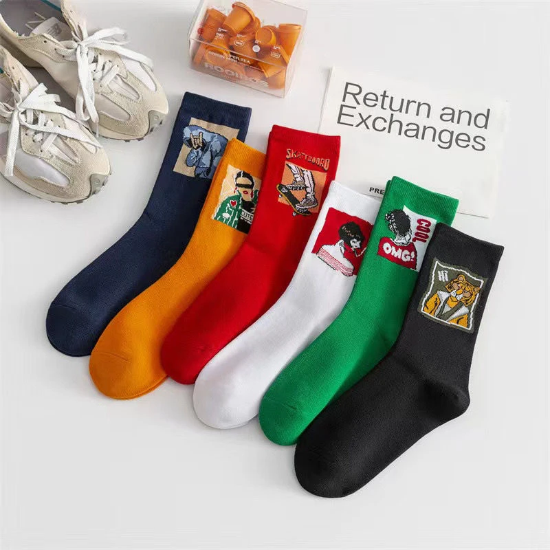 防汗秋季印花薄款中筒袜常规嘻哈风吸湿排汗船袜女防滑不掉跟