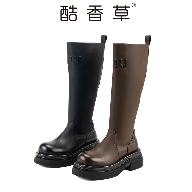 酷香草2024年秋季百搭烟筒长靴小个子褶皱显瘦倒靴粗跟弹力靴