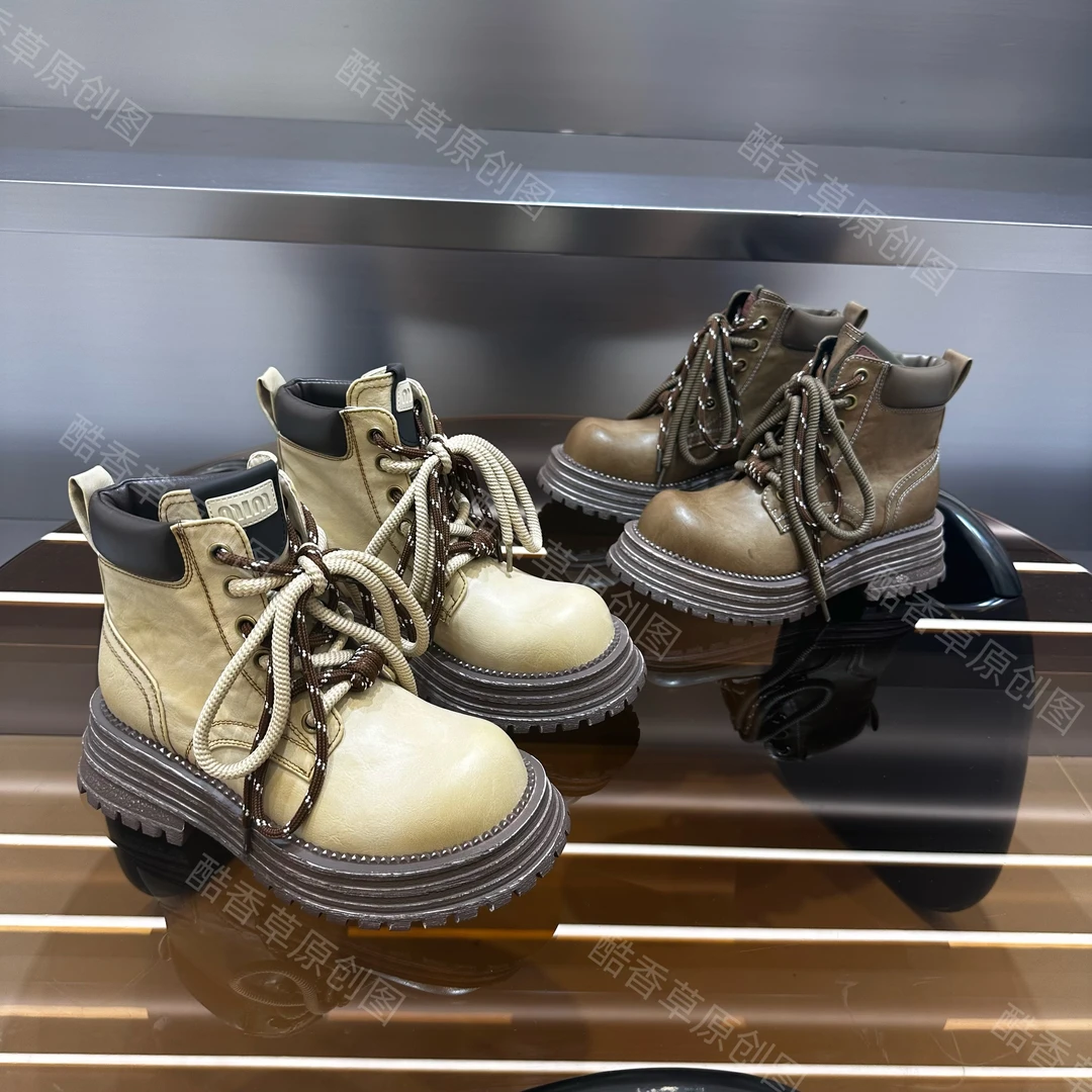 酷香草厚底马丁靴女2024秋季新款时尚百搭双鞋带软底工装短靴