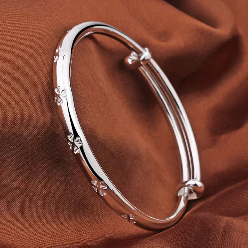 足银手镯 足银999.9 推拉亮面实心圆杆 四叶草时尚简约经典银镯子