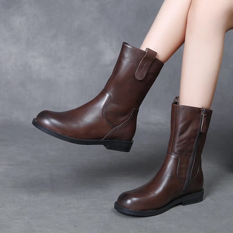 2024秋冬新款头层牛皮复古风中筒靴女低跟百搭马丁靴真皮靴子女