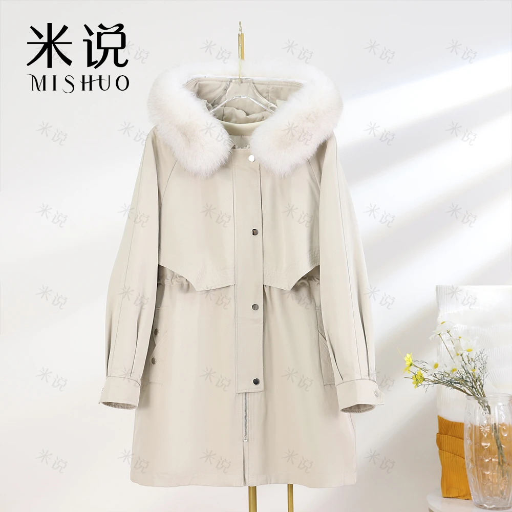 【柳玉】2921派克服女士秋冬中长款真毛连帽棉服时尚大气百搭外套