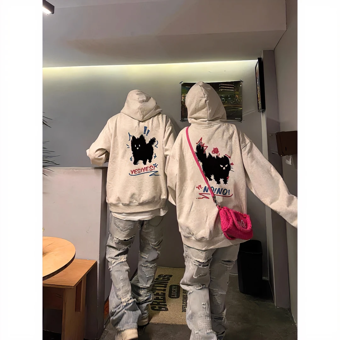 美式复古连帽情侣装卫衣女春秋薄款潮牌oversize小众设计感国潮