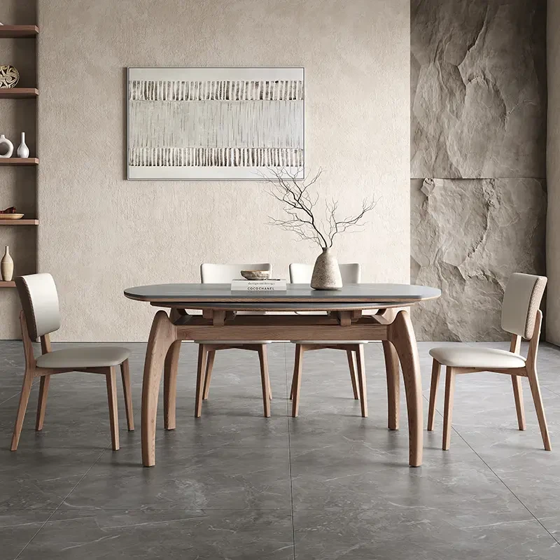 法式复古两用可伸缩圆形实木岩板餐桌椅现代简约小户型高档餐桌