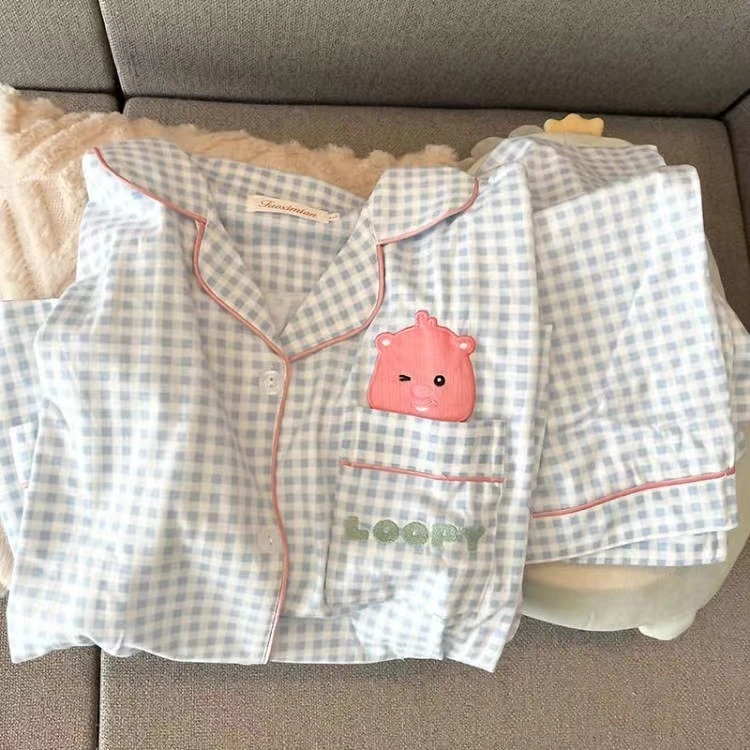 刺绣露比格子睡衣女春秋韩版ins宽松甜美少女长袖长裤外穿家居服