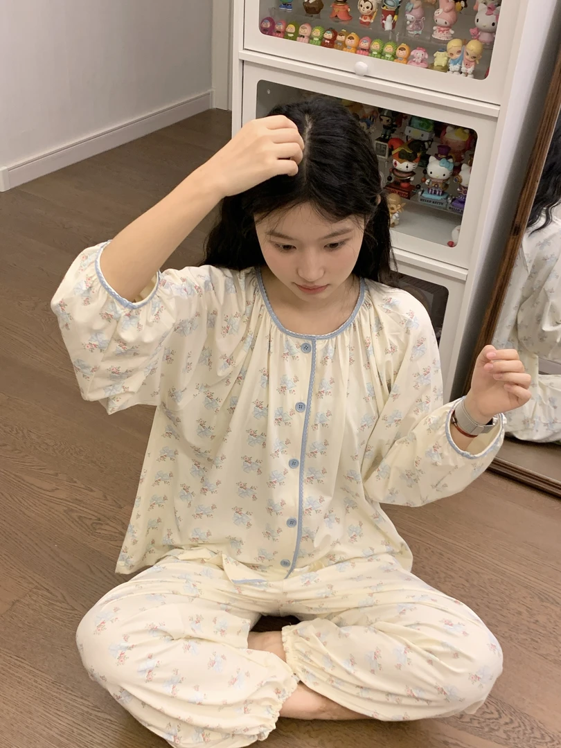 少女甜美蝴蝶结印花公主风睡衣女春秋新款韩版ins风宽松家居服