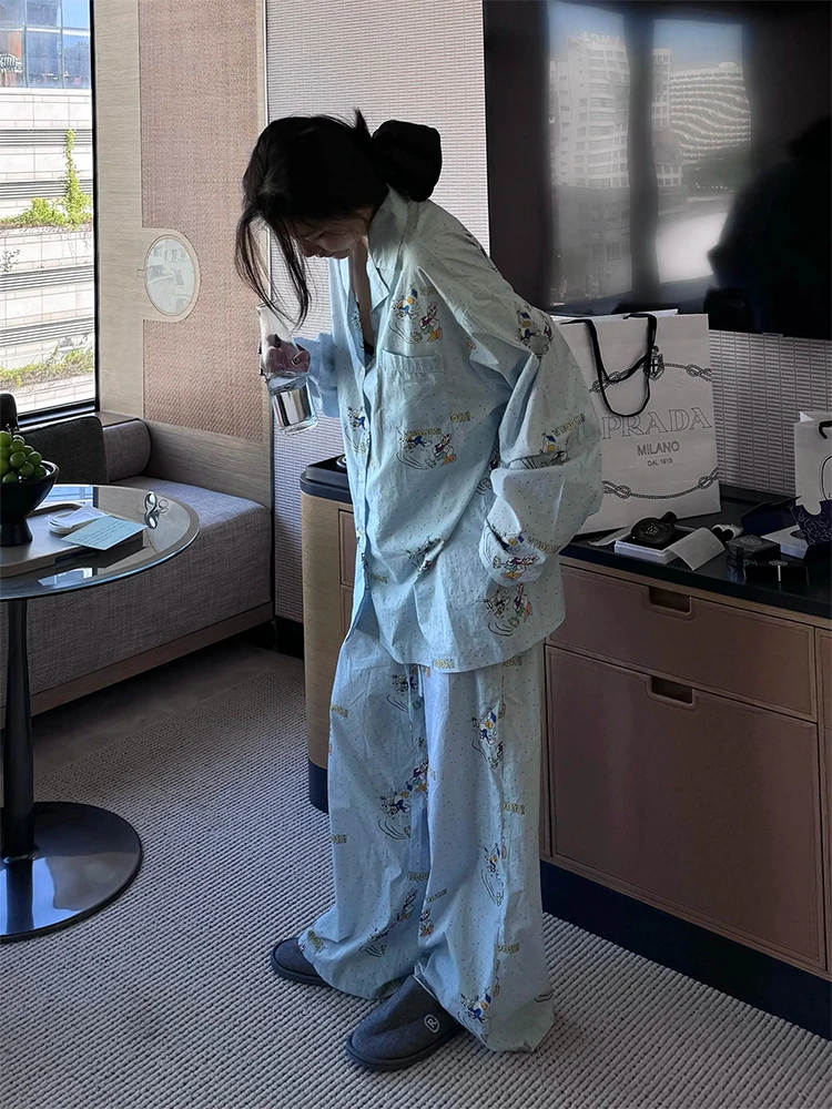 ins慵懒风可爱卡通趣味小鸭睡衣女春秋少女学生长袖长裤家居服