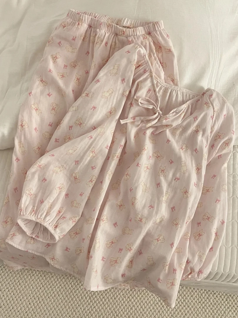ins少女可爱卡通小猫印花睡衣女春秋宽松大码长袖长裤家居服套装