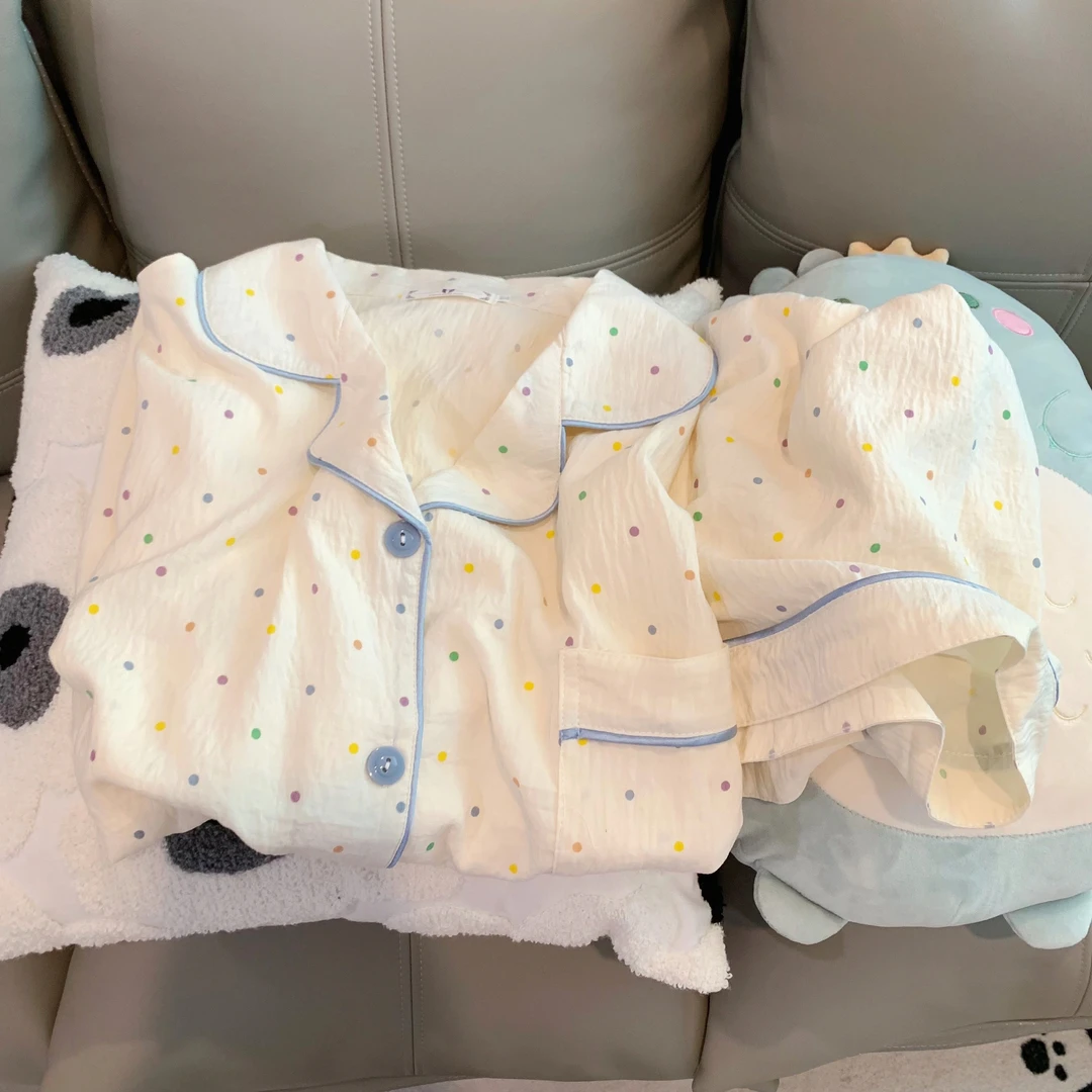 韩版ins甜美少女简约撞色圆点睡衣女夏季短袖短裤可外穿家居服