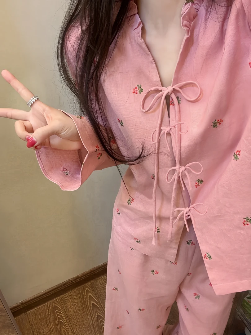 少女甜美设计感蝴蝶结碎花公主风睡衣女春秋新款中国风轻奢家居服