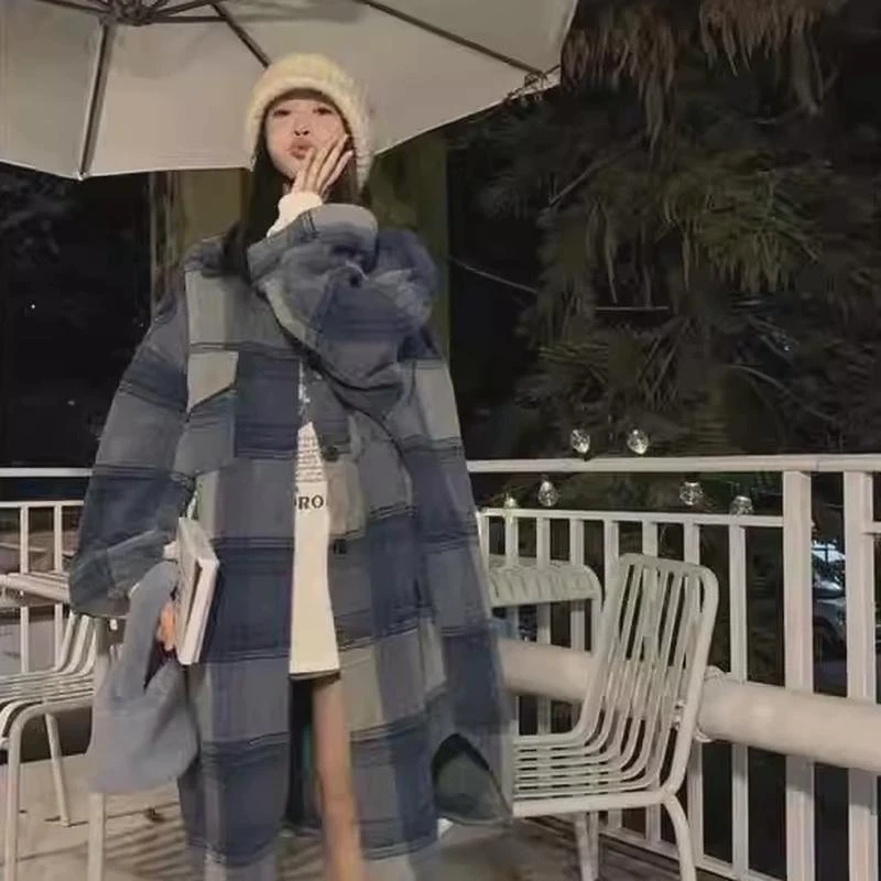胖mm特大码300斤中长款加厚蓝色格子毛呢外套女秋冬宽松妮子大衣