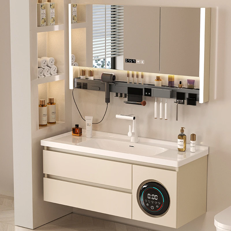 奶油风智能浴室柜陶瓷一体盆组合洗手盆洗脸盆卫生间洗烘一体机