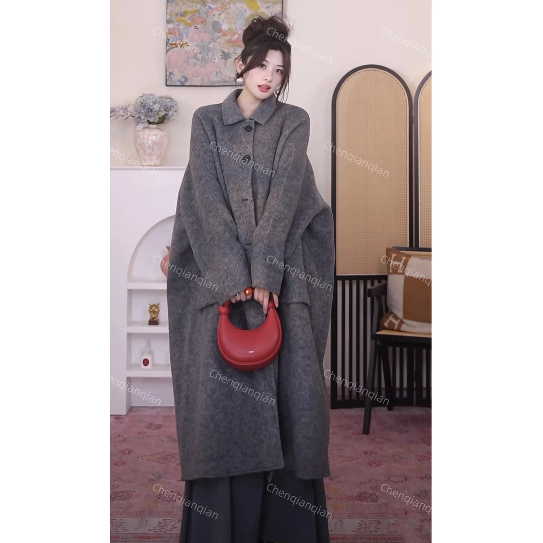 【柏林往事】双面羊毛大衣女装外套2024秋冬新款宽松慵懒风大口袋