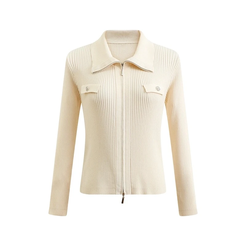 精纺羊毛气质女装秋季时尚法式高级感Polo领针织拉链开衫外套潮