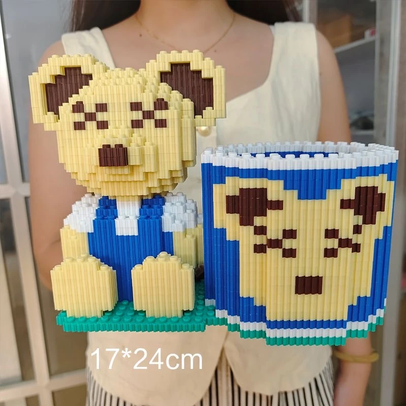 【正版授权】泰迪童话-蓝粉笔筒泰迪积木熊-益智积木拼装女孩礼摆件