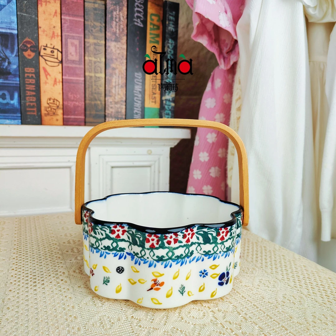 阿勒玛 新疆包邮【多彩果篮】手绘轻奢复古6寸带手提陶瓷果篮