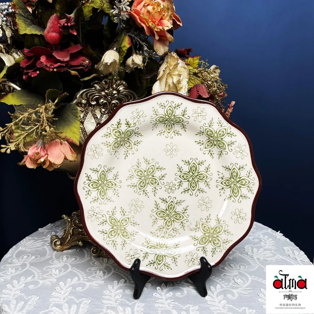 阿勒玛新疆包邮【常青藤】手绘12寸荷口圆盘加厚防烫餐具盘子餐盘