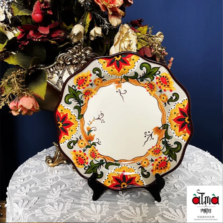 阿勒玛 新疆包邮【秋日花语】12寸荷口圆盘加厚防烫轻奢欧式