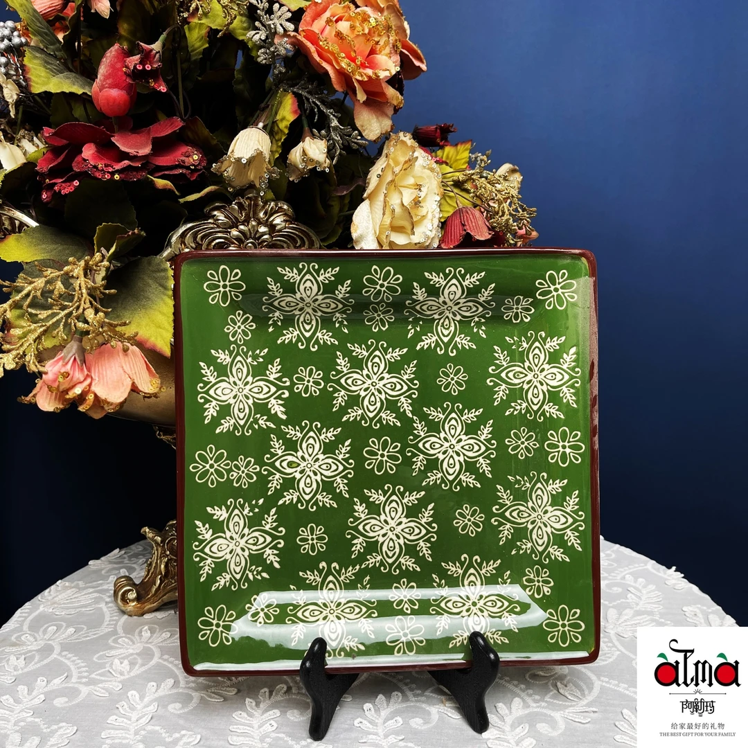 阿勒玛【常青藤绿】手绘11寸加厚方盘防烫简约耐磨轻奢盛汤菜餐盘