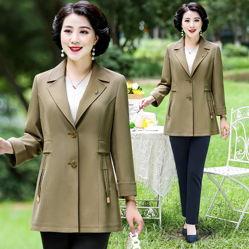 C0110中老年人女装时尚纯色双扣西装领中长款显瘦大码风衣妈妈装