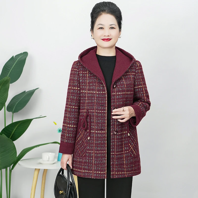 V/雅鹿秋冬季妈妈装中长款毛呢外套大码中老年女装保暖大衣D5139