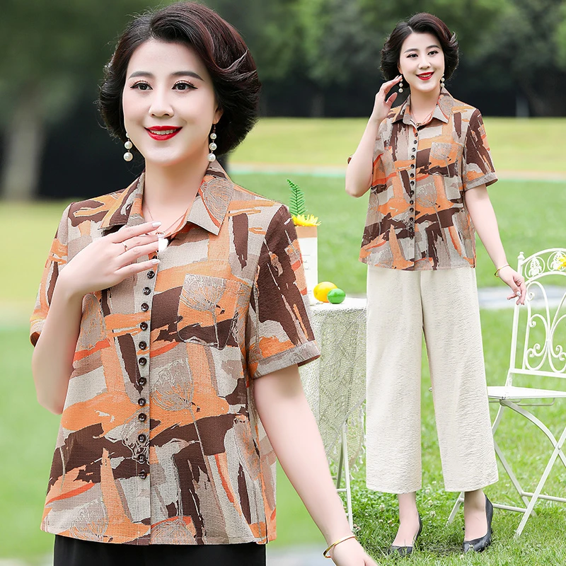 B3689中老年女装中年夏装加肥加大码中袖衬衫夏季短袖上衣服女