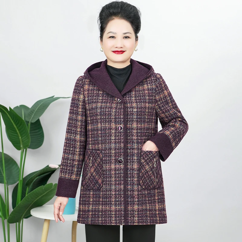 V/雅鹿中老年女秋冬毛呢大衣格子妈妈冬装外套洋气带帽衣服D5158