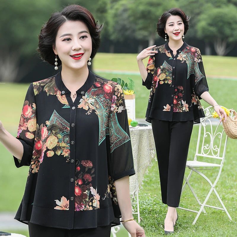 雅鹿中老年女装中年夏装中袖衬衫妈妈装夏季洋气小衫B3685