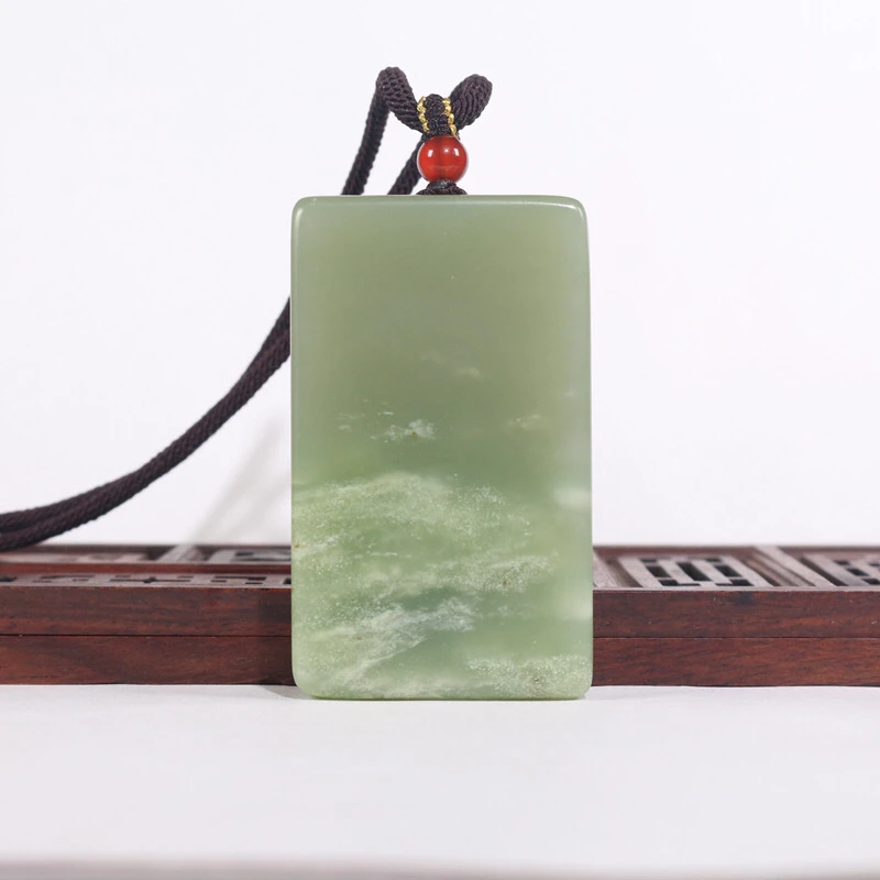 天然青海料和田玉翠青平安无事牌吊坠山水意境特色方牌子男女礼物