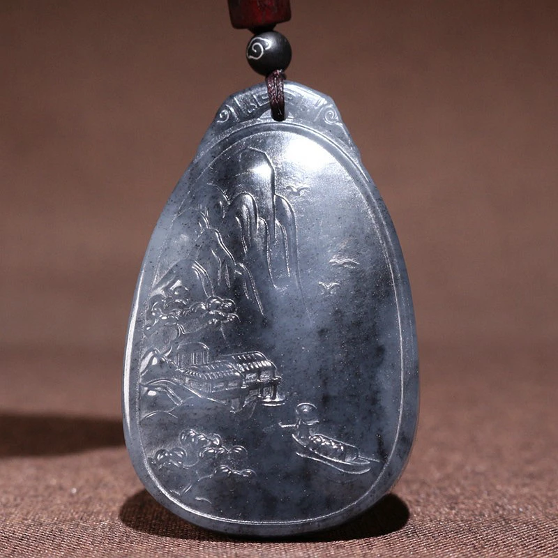 新疆和田玉青花山水牌子 黑白分明挂件意境平安牌子