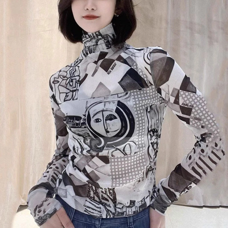 {专柜}商场同款2025春秋高领百搭修身印花网纱打底衫T恤5300587