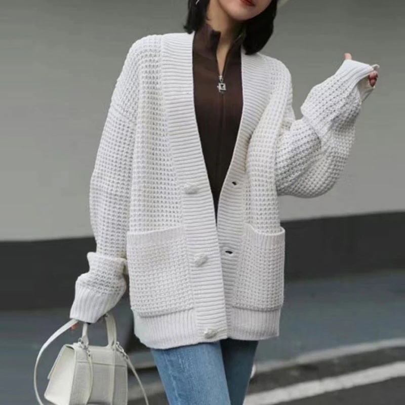 {专柜}商场同款2025秋冬百搭宽松V领华夫格针织开衫5499196