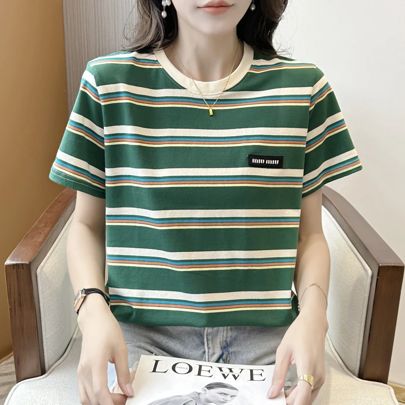 小个子正肩T恤2024欧货宽松绿色条纹短袖t恤减龄洋气圆领女装上衣