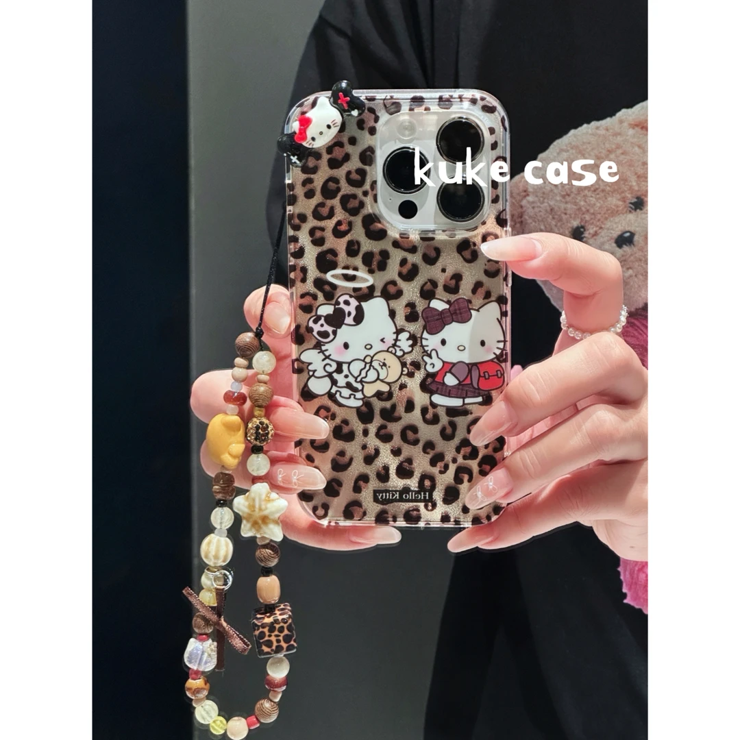 【适用苹果】ins甜酷辣妹豹纹闪粉Kitty双层印花手机壳iPhone17pro