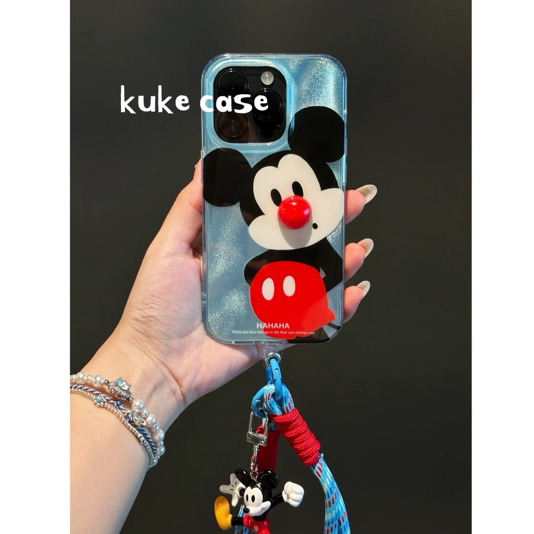 【适用苹果】ins可爱高级蓝色闪粉红鼻子米奇双层手机壳iPhone16