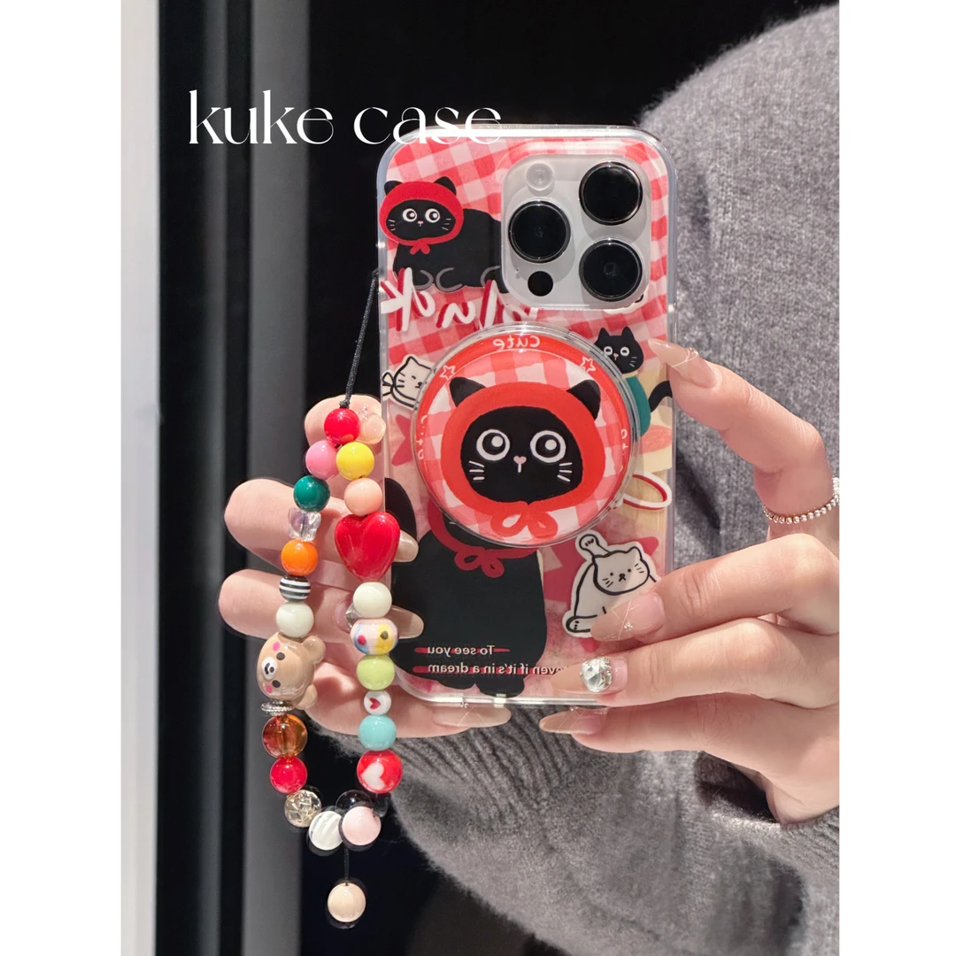 【苹果】ins可爱复古红格黑猫双层磨砂磁吸手机壳iPhone15Pro/14/13