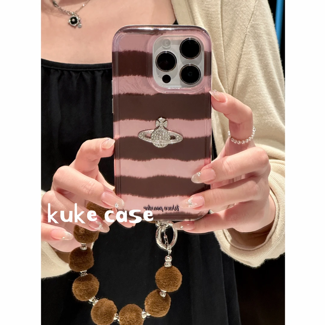 【适用苹果】ins气质秋冬粉棕条纹土星镭射双层手机壳iPhone16