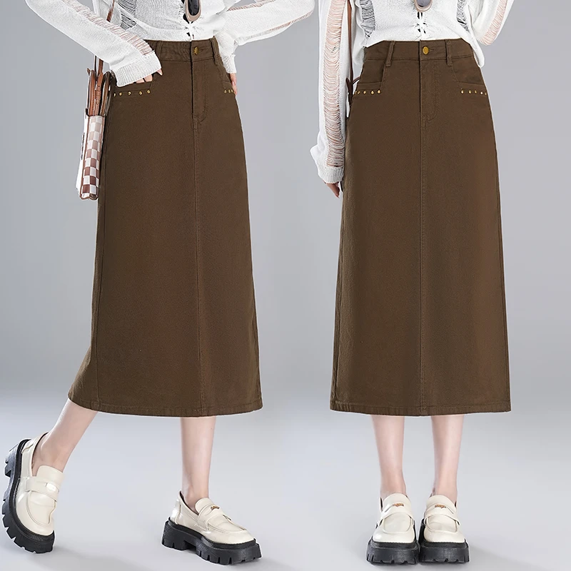 美拉德咖色复古牛仔半身裙女2024新款法式高腰a字显瘦包臀裙潮ins